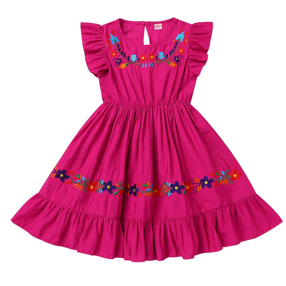 ABAFIP Baby Girls Mexican Embroidered Dress Toddler Girls Ruffle Sleeveless Floral Summer Cinco De Mayo Traditional Fiesta Dress Rose 12-18 Months