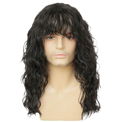 Amnenl Mens Black Long Curly Wig with Bangs Synthetic 70s 80s Rocker Punk Wig Halloween Cosplay Hair Wig for Male Guys