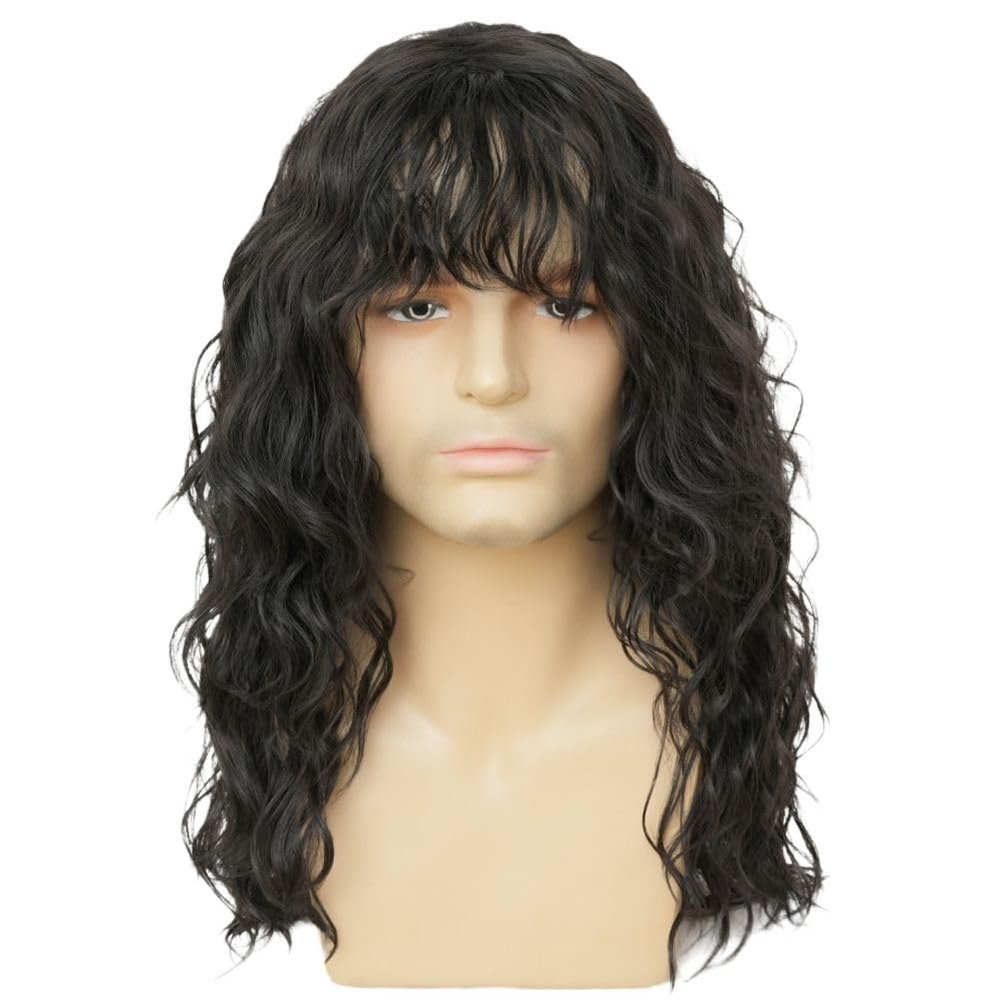 Amnenl Mens Black Long Curly Wig with Bangs Synthetic 70s 80s Rocker Punk Wig Halloween Cosplay Hair Wig for Male Guys