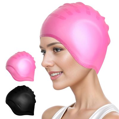 2 Pack Silicone Swim Cap with 3D Ear Protection, Waterproof Swimming Cap Bathing Cap Non-Slip Swim Hats for Men Women Adults Youths Kids for Long or Short Hair