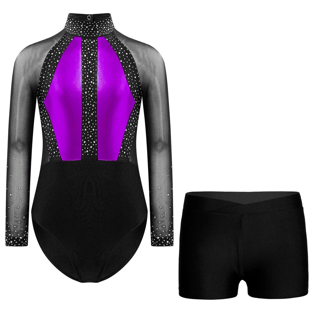 Linjinx Leotards for Girls Glitter Long Sleeve Gymnastics with Dance Shorts Bottoms Outfits 2pcs Tracksuit Tumbling Purple&Black 6 Years