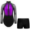 Linjinx Leotards for Girls Glitter Long Sleeve Gymnastics with Dance Shorts Bottoms Outfits 2pcs Tracksuit Tumbling Purple&Black 6 Years view 1