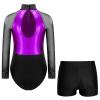 Linjinx Leotards for Girls Glitter Long Sleeve Gymnastics with Dance Shorts Bottoms Outfits 2pcs Tracksuit Tumbling Purple&Black 6 Years view 2