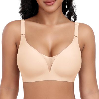Wireless Bras for Women Lace V Neck No Underwire Push Up Bra Seamless Braslettes Supportive Full Coverage Plus Size Everyday Bras (Nude,X-Large)