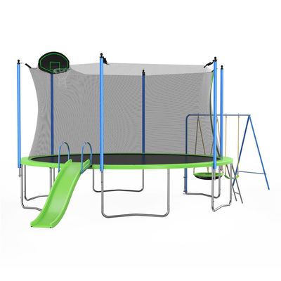 12FT Trampoline with Slide and Swings, Large Recreational Trampoline with Basketball Hoop and Ladder, Outdoor Backyard Trampoline with Net, Capacity for Children and Adults, Green