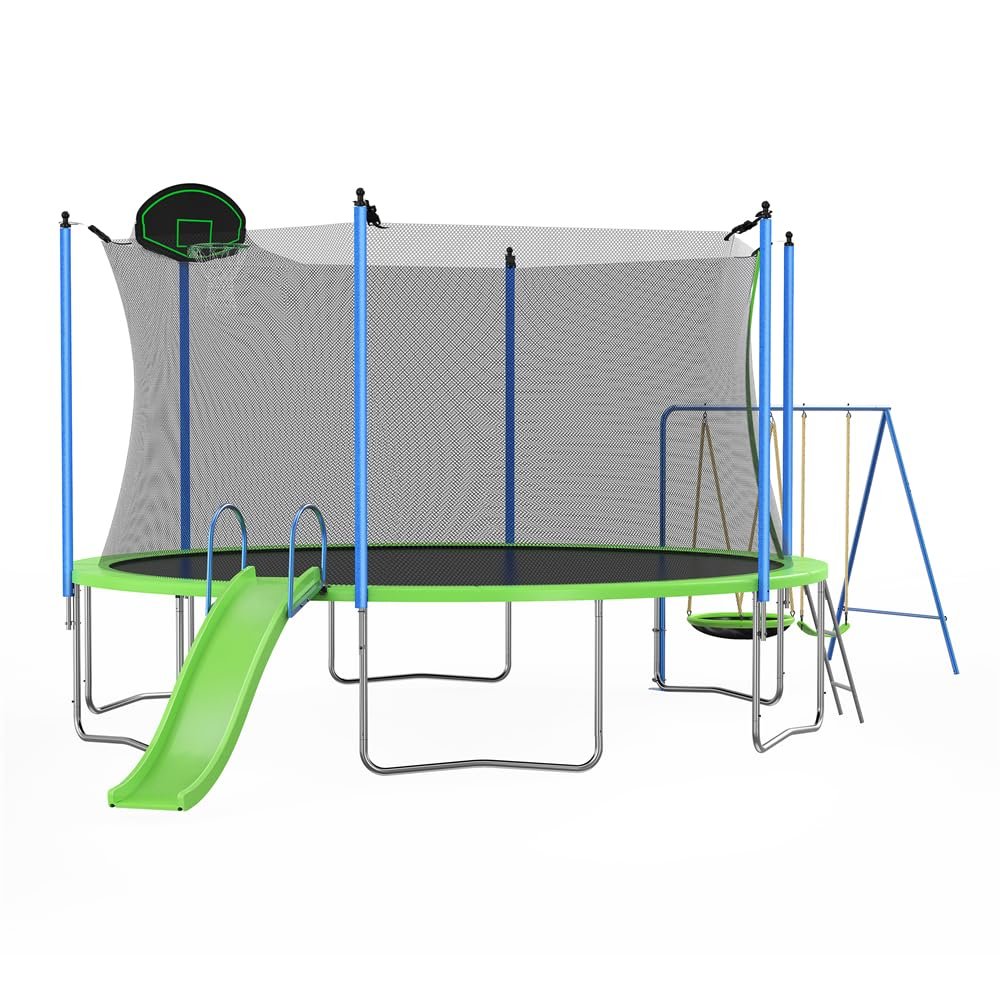 12FT Trampoline with Slide and Swings, Large Recreational Trampoline with Basketball Hoop and Ladder, Outdoor Backyard Trampoline with Net, Capacity for Children and Adults, Green