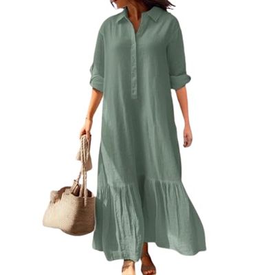 Akivide Women's Light Mint Green Linen-Blend Long Sleeve Button-Down Maxi Dress, Collared Shirt Dress with Ruffled Hem, Fresh Casual Summer Dresses