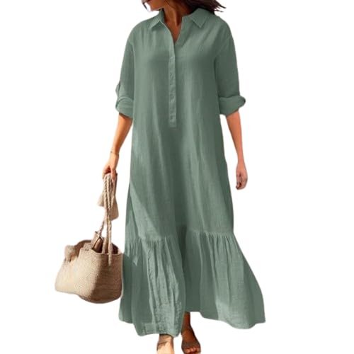 Akivide Women's Light Mint Green Linen-Blend Long Sleeve Button-Down Maxi Dress, Collared Shirt Dress with Ruffled Hem, Fresh Casual Summer Dresses