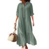 Akivide Women's Light Mint Green Linen-Blend Long Sleeve Button-Down Maxi Dress, Collared Shirt Dress with Ruffled Hem, Fresh Casual Summer Dresses view 1