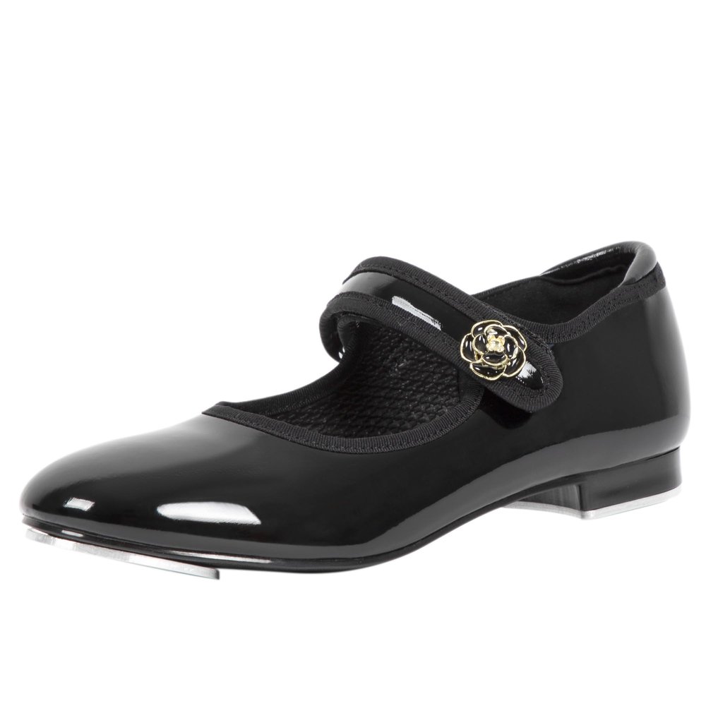 Linodes Economy Unisex-Child Easy Strap Tap Shoe for Girls and Boys Tap Mary Jane Flat-Black Patent-Flower-2M-Little Kid