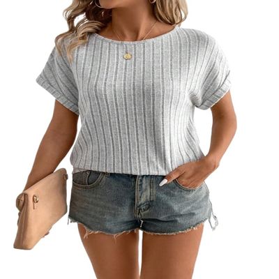 ELDINA Women's 2024 Casual Round Neck Short Sleeve Tee Batwing Sleeve T-Shirt Grey, Medium