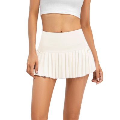 Raroauf Womens Pleated Tennis Skirts with Shorts High Waisted Mini Skirt Golf Skort Athletic Skirts Workout Pickball Light Yellow Large
