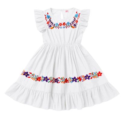 ABAFIP Baby Girls Mexican Embroidered Dress Toddler Girls Ruffle Sleeveless Floral Summer Cinco De Mayo Traditional Fiesta Dress White 3-4T