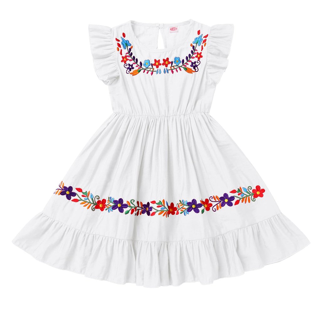 ABAFIP Baby Girls Mexican Embroidered Dress Toddler Girls Ruffle Sleeveless Floral Summer Cinco De Mayo Traditional Fiesta Dress White 3-4T