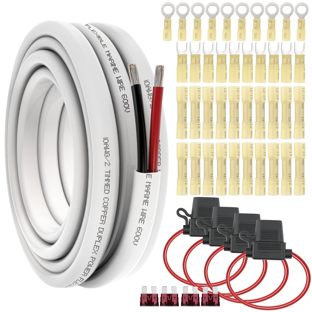 10/2 AWG Marine Wire Duplex Cable 20FT 10 Gauge 2 Conductor Oxygen-Free Tinned Copper Boat Red Black Electrical Wire with Fuse Holder,Lugs Terminal Connectors Kit for Automotive Outdoor Boat 