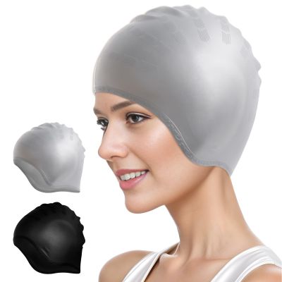 2 Pack Silicone Swim Cap with 3D Ear Protection, Waterproof Swimming Cap Bathing Cap Non-Slip Swim Hats for Men Women Adults Youths Kids for Long or Short Hair