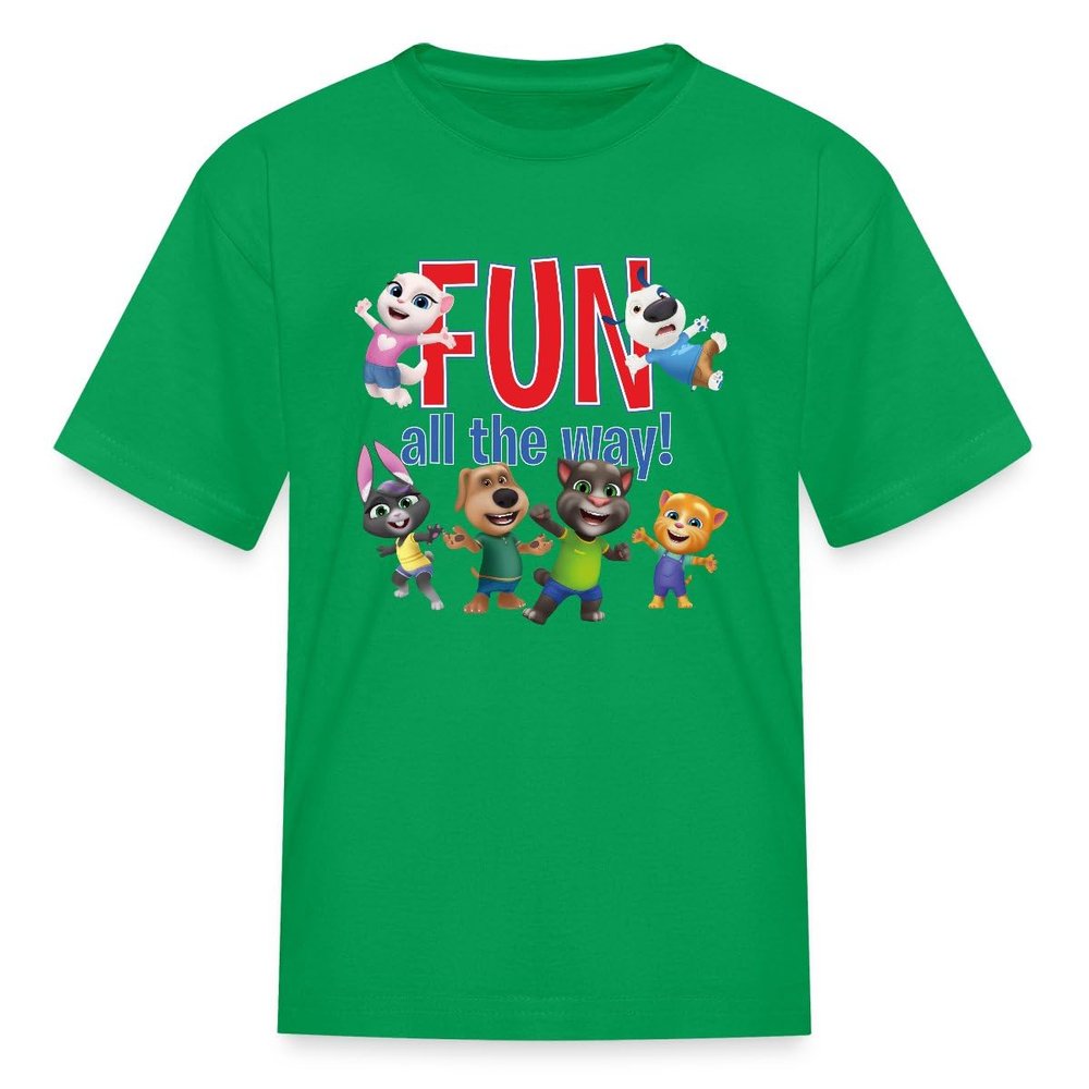 Spreadshirt Talking Tom & Friends Fun All The Way Kid's T-Shirt, L, Kelly Green