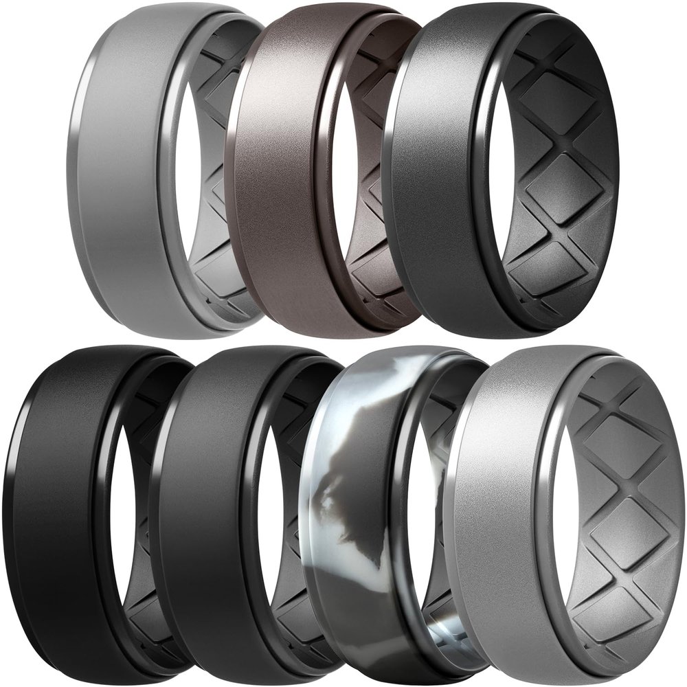 Egnaro Inner Arc Ergonomic Breathable Design, Silicone Rings Mens with Half Sizes, 1/4/5/6/7 Rubber Wedding Bands, 10mm Wide-2.5mm Thick
