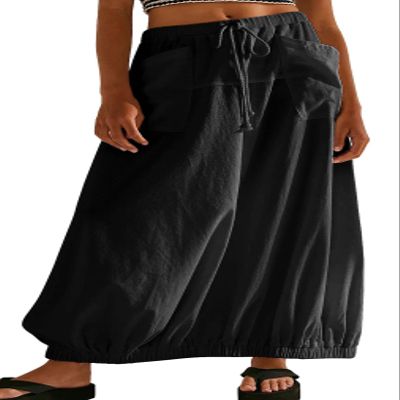 CHARTOU Women Baggy Parachute Skirt Comfy Casual Cotton Y2k Cargo Maxi Long Skirt (Medium, Black)
