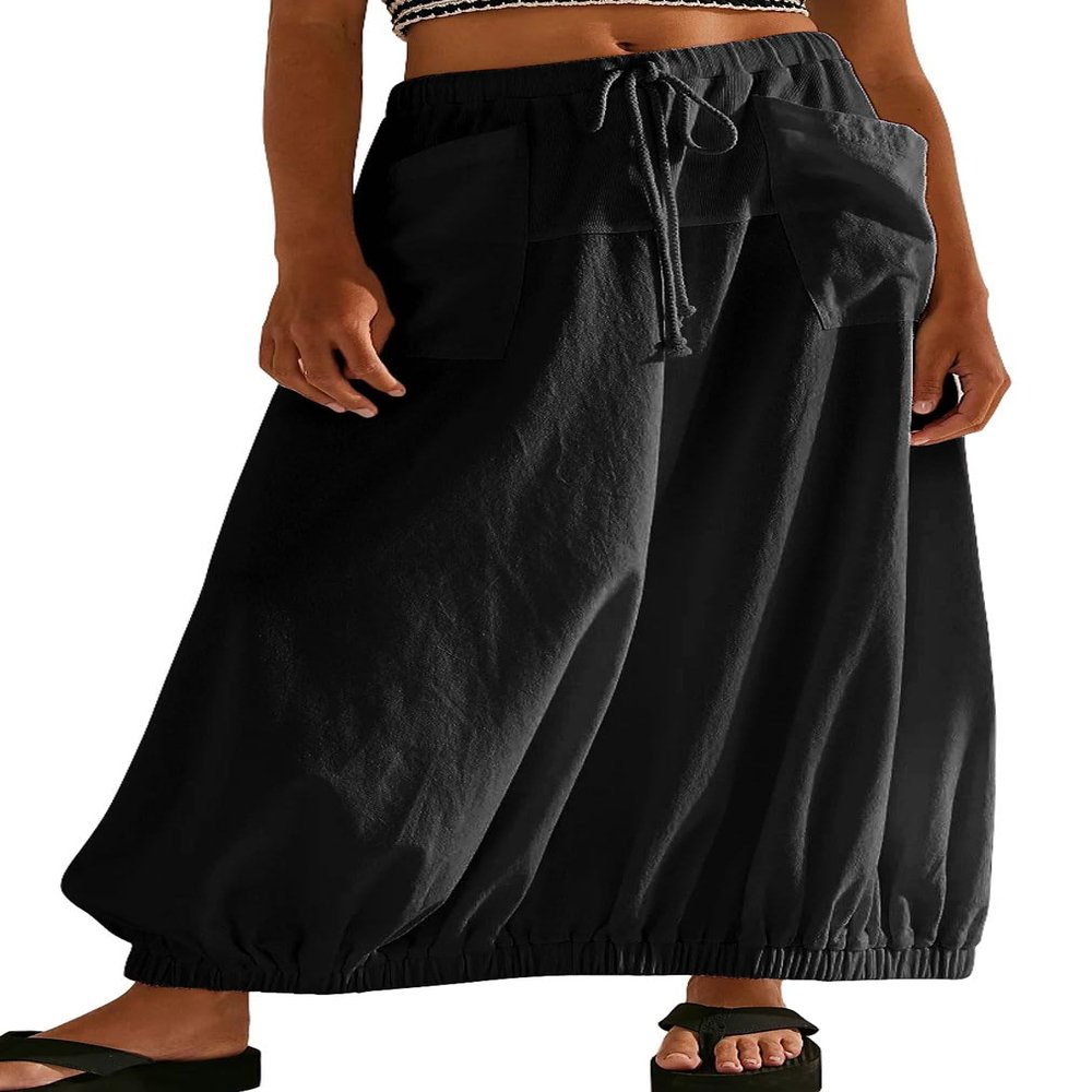 CHARTOU Women Baggy Parachute Skirt Comfy Casual Cotton Y2k Cargo Maxi Long Skirt (Medium, Black)