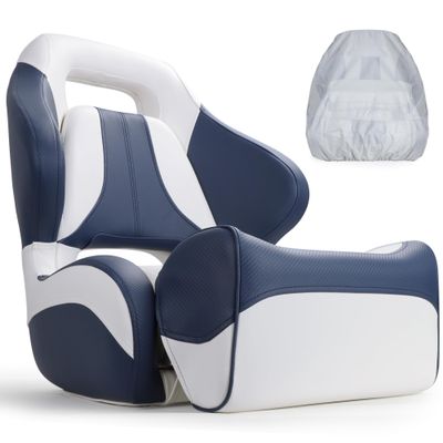 NORTHCAPTAIN Premium Pontoon Captain's Chair Sport Flip Up Boat Bucket Seat with Boat Seat Cover,White/Navy Blue