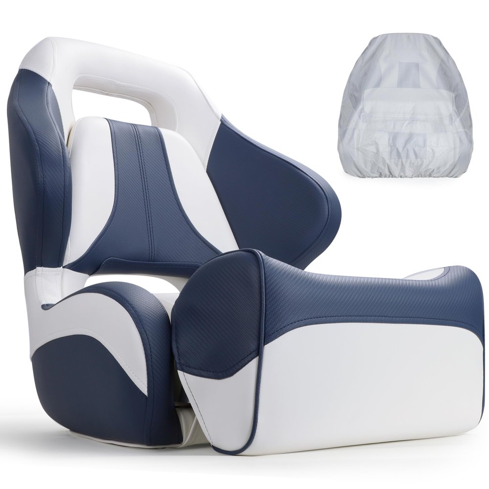 NORTHCAPTAIN Premium Pontoon Captain's Chair Sport Flip Up Boat Bucket Seat with Boat Seat Cover,White/Navy Blue