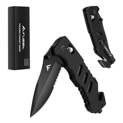 FLISSA Folding Pocket Knife with Clip, Glass Breaker and Seatbelt Cutter, Survival Knife for Emergency Rescue Situations, EDC Knife for Tactical, Hunting, Camping, Outdoor, Unique Gifts for Dad, Father-Black