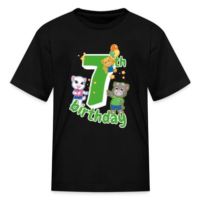Spreadshirt Talking Tom & Friends 7th Birthday Kid's T-Shirt, XL, Black