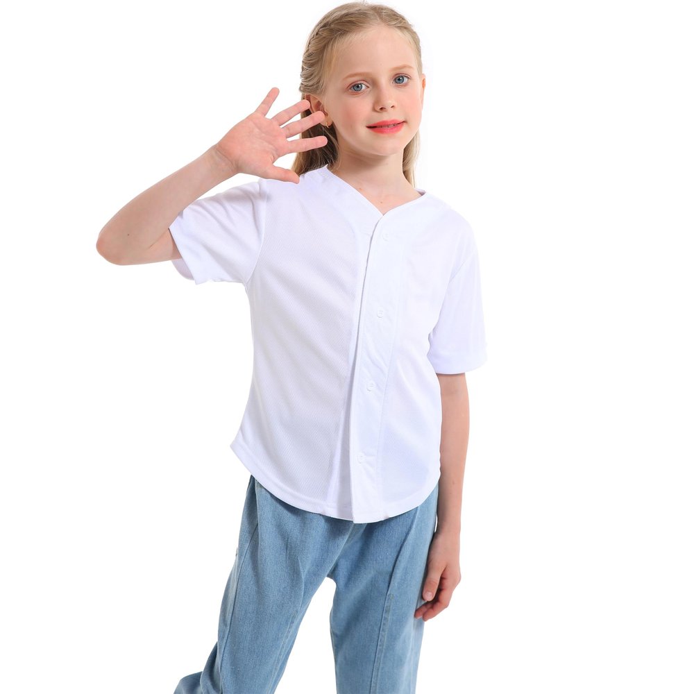 Mowbeat Boys Baseball Jersey Kids White Baseball Jersey Short Sleeve Girls Hip Hop T Shirts Button Shirt 10 Years