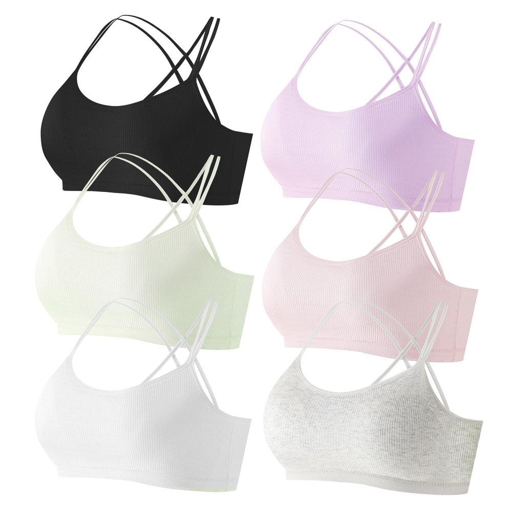 Happy Cherry Girls Sports Bras 10-12 Years Old Criss Cross Back Teen Training Bras Cotton Padded Seamless Youth Bralette Pack 6