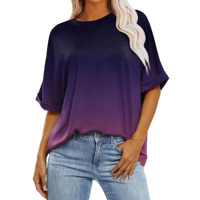 slqdgmryz Oversized Shirts for Women Round Neck Rolled Elbow Length Half Sleeve Tshirts Shirts Tie Dye Cute Trendy 1/2 Sleeve Tunic Tops to Wear with Leggings Casual Spring Blouses 2025,Dark Purple,L