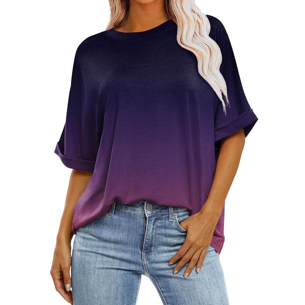 slqdgmryz Oversized Shirts for Women Round Neck Rolled Elbow Length Half Sleeve Tshirts Shirts Tie Dye Cute Trendy 1/2 Sleeve Tunic Tops to Wear with Leggings Casual Spring Blouses 2025,Dark Purple,L