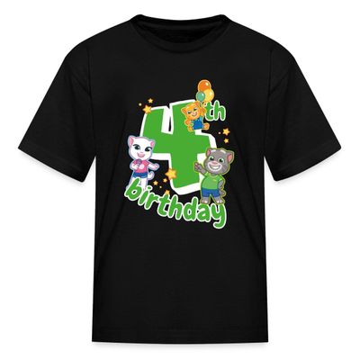Spreadshirt Talking Tom & Friends 4th Birthday Kid's T-Shirt, S, Black