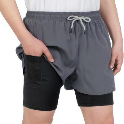 TLAENSON Boys Running Shorts with Liner Kids 2 in 1 Quick Dry Workout Athletic Shorts with Pockets Light Grey 8-9 Years/Size 140