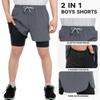 TLAENSON Boys Running Shorts with Liner Kids 2 in 1 Quick Dry Workout Athletic Shorts with Pockets Light Grey 8-9 Years/Size 140 view 3