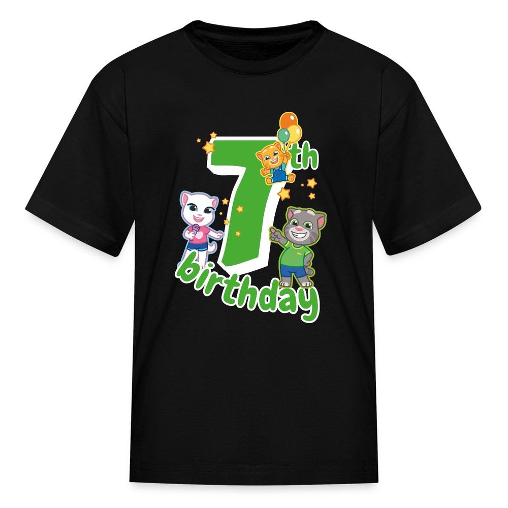 Spreadshirt Talking Tom & Friends 7th Birthday Kid's T-Shirt, L, Black