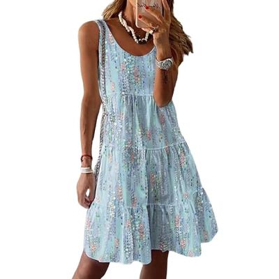 Akivide Womens Boho Print Casual Sleeveless Tank Dress Loose Crew Neck Swing Flowy Tiered T Shirt Beach Midi Dresses