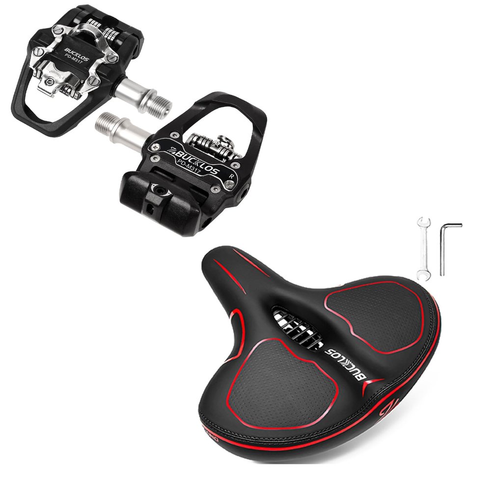 BUCKLOS Look Delta, SPD Spin Bike Bicycle Pedals - Compatible with Peloton & Shimano SPD and Comfortable Extra Wide Bike Seat Cushion for Women Men