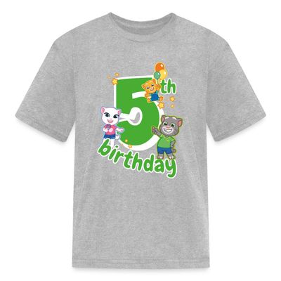 Spreadshirt Talking Tom & Friends 5th Birthday Kid's T-Shirt, S, Heather Gray