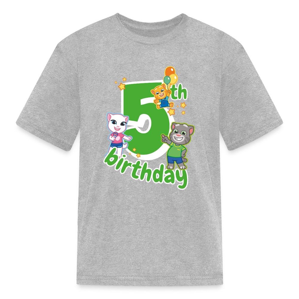 Spreadshirt Talking Tom & Friends 5th Birthday Kid's T-Shirt, S, Heather Gray
