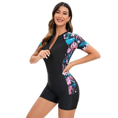 IBTOM CASTLE Scuba Swimsuit for Women: Ladies Summer Zipper Rash Guard Short Sleeve Crew Neck Swimwear Sun Protection Surfing Rashguard Boyleg One Piece Sport Padded Bathing Suits Black & Pink XXL