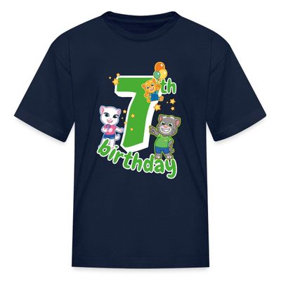 Spreadshirt Talking Tom & Friends 7th Birthday Kid's T-Shirt, M, Navy