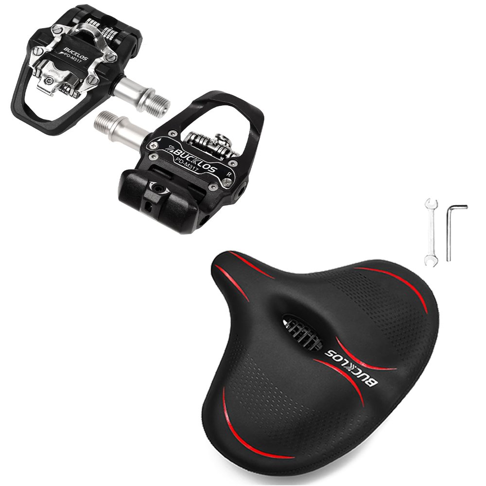 BUCKLOS Look Delta, SPD Spin Bike Bicycle Pedals - Compatible with Peloton & Shimano SPD and Comfortable Extra Wide Bike Seat Cushion for Women Men
