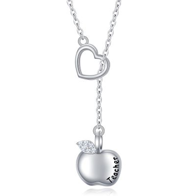 DAOCHONG Apple Necklace,Teacher/Mother Necklace for Women Sterling Silver Heart Lariat Necklace Teacher Jewelry Mothers Day Gifts for Women