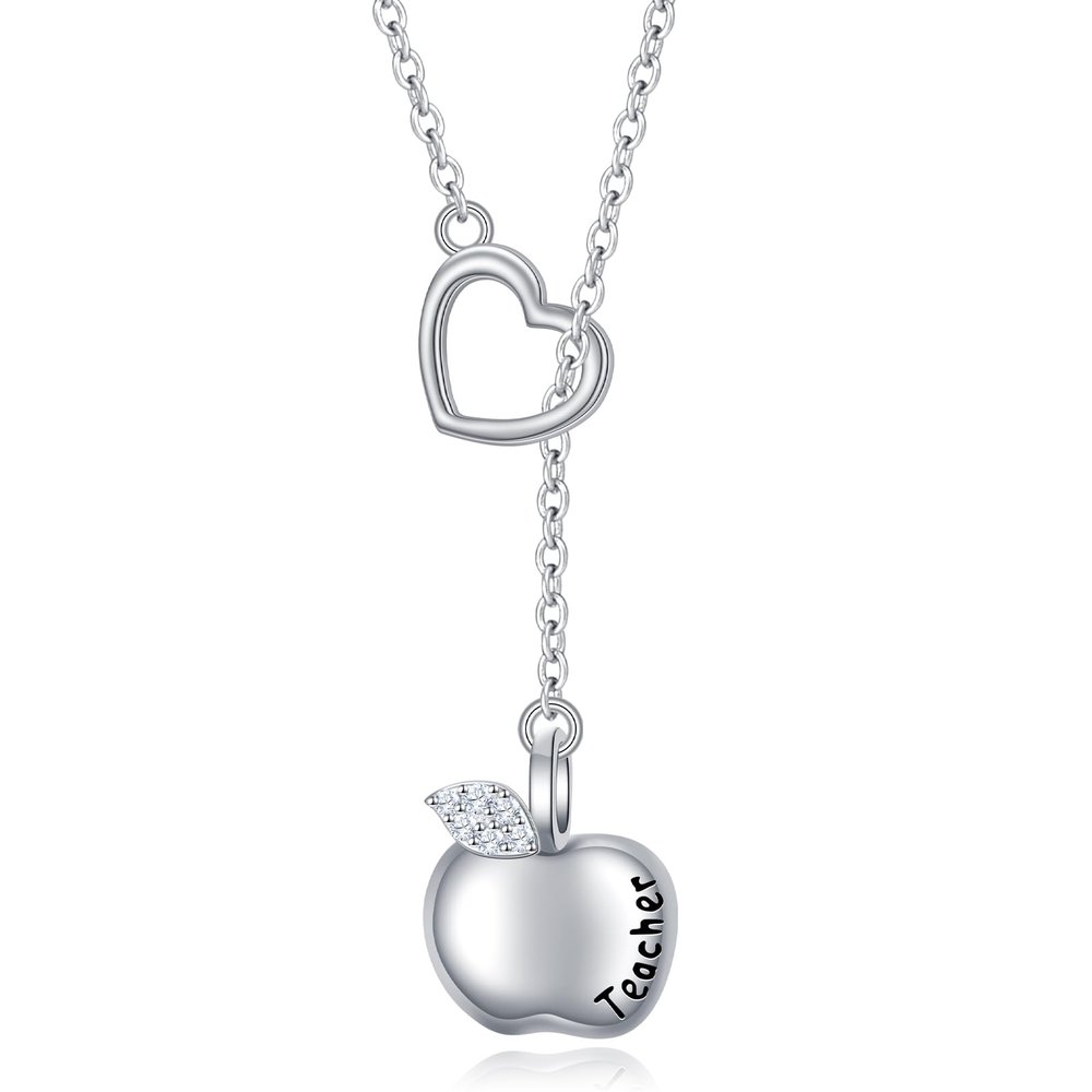DAOCHONG Apple Necklace,Teacher/Mother Necklace for Women Sterling Silver Heart Lariat Necklace Teacher Jewelry Mothers Day Gifts for Women