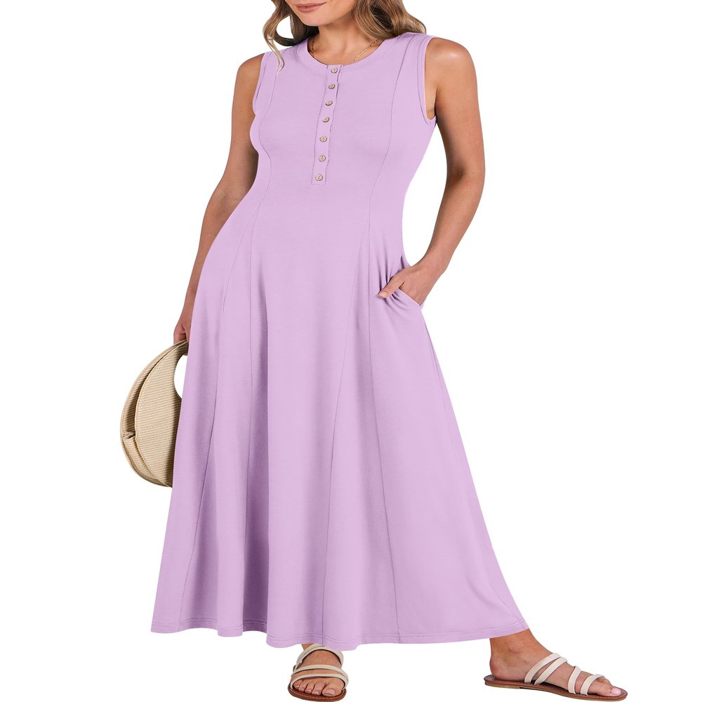 ANRABESS Women Summer Casual Sleeveless Maxi Sundress Button Fit & Flare A-Line Flowy Long Dresses 2026 Beach Outfits Light Purple Large