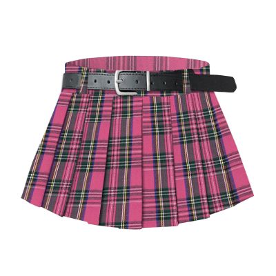 SANGTREE Women's Pleated Skirts Casual Buckle Belted Elastic Waist Tennis Skater Short Mini Skirt, 2# Mini Rose Red Plaid, US L