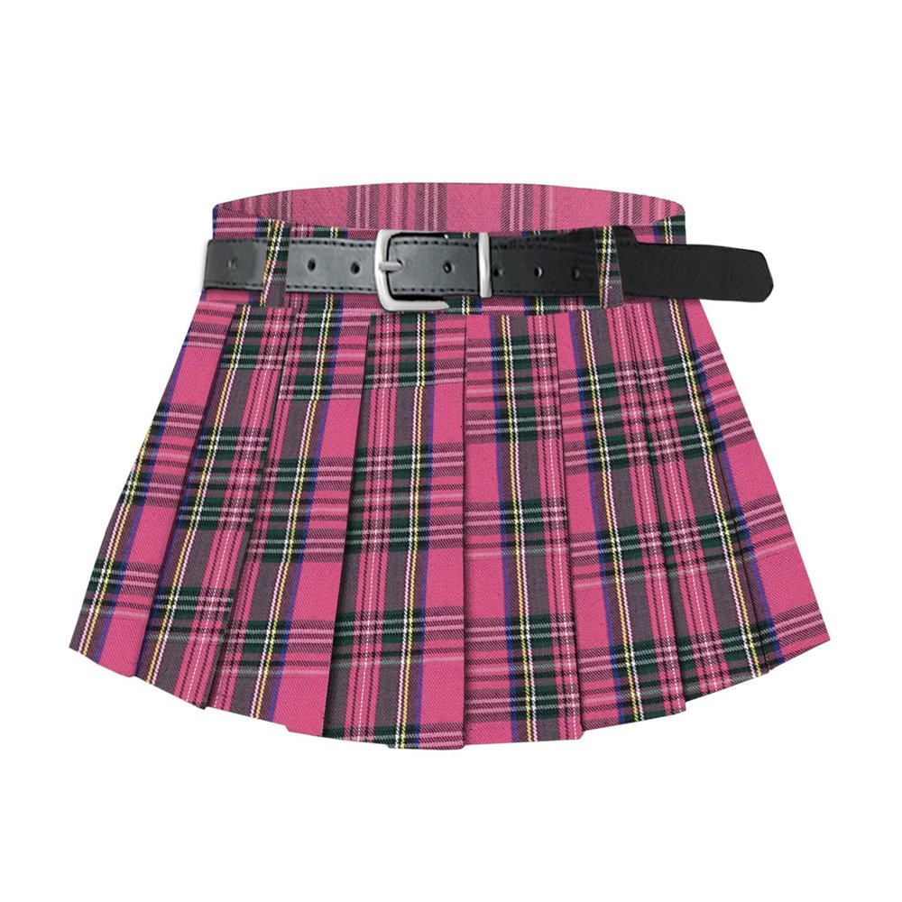 SANGTREE Women's Pleated Skirts Casual Buckle Belted Elastic Waist Tennis Skater Short Mini Skirt, 2# Mini Rose Red Plaid, US L