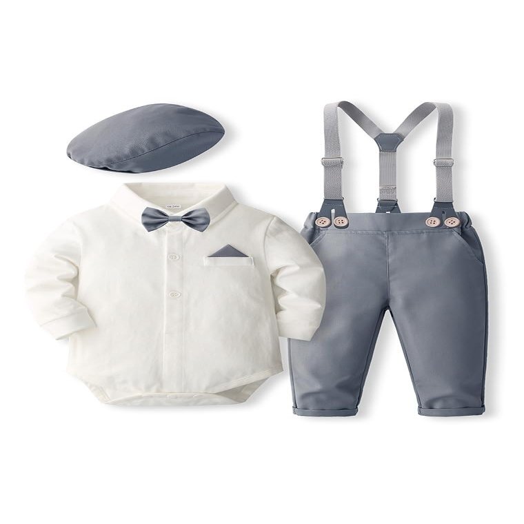 Abolai Baby Boys' 4 Pcs Suit Dress Clothes Infant Tuxedo Sets Shirt Collar Top+Strap Pants+Beret+Bow Tie 0-24M Style2 Grey 12-18M