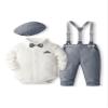 Abolai Baby Boys' 4 Pcs Suit Dress Clothes Infant Tuxedo Sets Shirt Collar Top+Strap Pants+Beret+Bow Tie 0-24M Style2 Grey 12-18M view 1